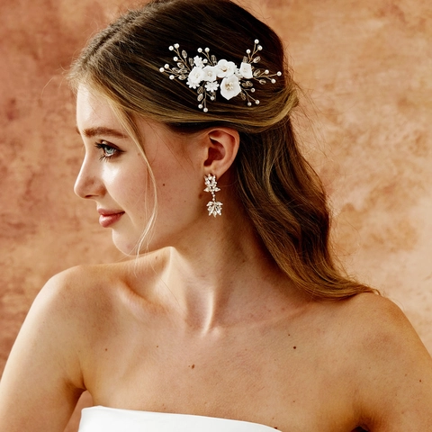 Handmade Bridal Hair Comb White Clay Flower Imitation Artificial Pearl Rhinestone Wedding Hair Accessories For Women Forest Style