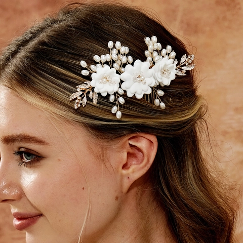 Handmade Bridal Hair Comb White Clay Flower Imitation Artificial Pearl Rhinestone Wedding Hair Accessories For Women Forest Style
