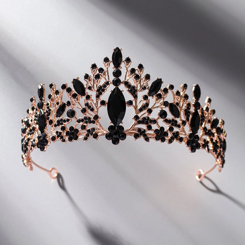 Tiara Couronne Baroque à Strass Noirs Alliage Mariage Mariée Accessoire de Cheveux Style Gothique Vintage pour Femme