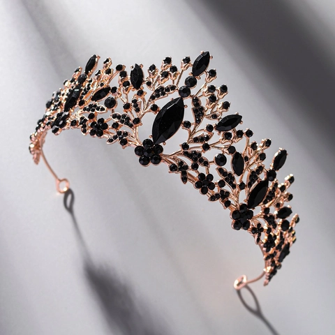 Tiara Couronne Baroque à Strass Noirs Alliage Mariage Mariée Accessoire de Cheveux Style Gothique Vintage pour Femme