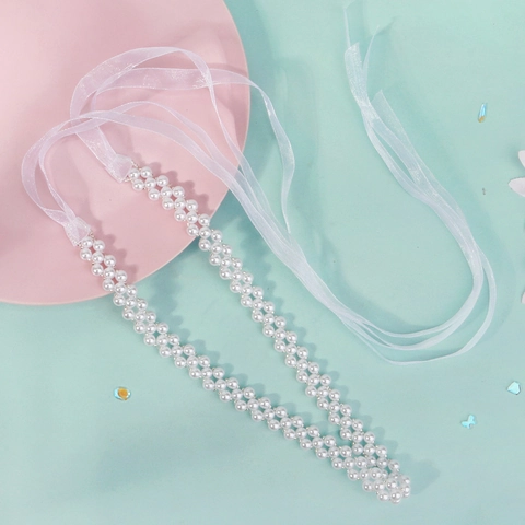 Elegante Cintura a Catena da Vita con Doppia Fila di Künstliche Perle d'Imitazione e Nastro di Organza Bianco per Matrimonio Sposa Festa Donna