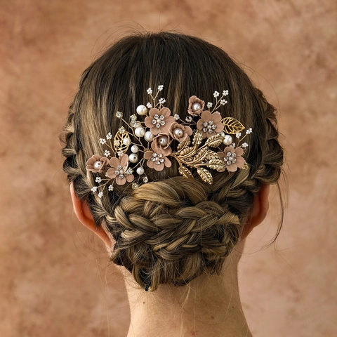 Horquilla Peine Cabello Oro Flor Tela Rosa Strass Perla Artificial Tocado Para Boda Novia Mujer Accesorios Estilo Antiguo
