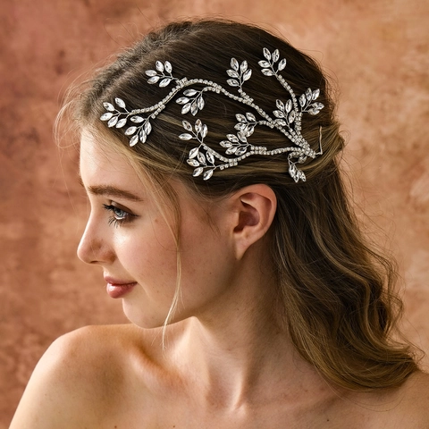 Vite per Capelli da Sposa con Foglie di Strass Argento Stile Foresta Fascia per Capelli per Matrimonio con Fermagli