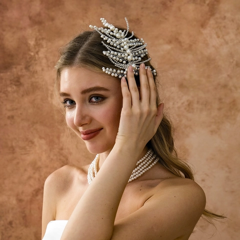 Bridal Artificial Pearl Rhinestone Leaf Hairband Hand-woven Silver Wedding Hair Accessory For Women Elegant Party Banquet Headpiece