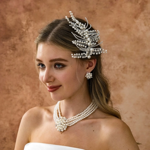 Elegante Set Fascia per Capelli Sposa Perla Piuma Vintage Lega Strass Fiore Collana Orecchini Set di Gioielli per Matrimonio Donna
