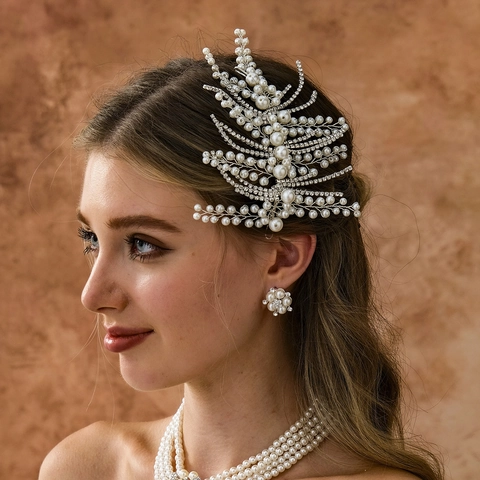 Luxuriöses Braut Haarband Handgemacht Legierung Künstliche Perle Strass Blatt Feder Haarschmuck Für Hochzeit Bankett Damen