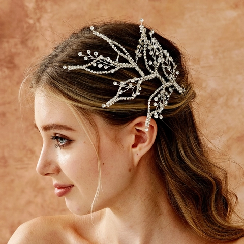 Lussuosa Vite per Capelli da Sposa con Strass in Filo di Rame Argento Fascia a Foglia per Matrimonio Banchetto Fotografia Donna