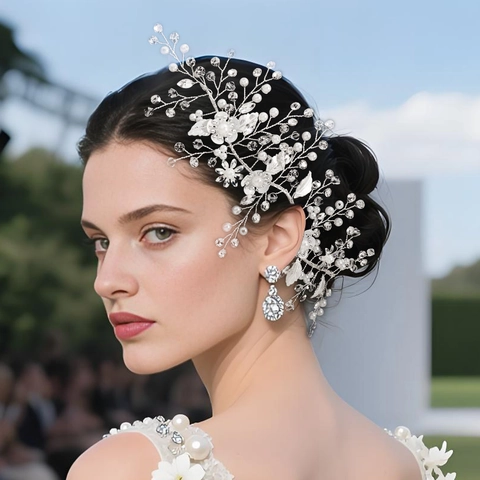 Handmade Silver Alloy Flower Artificial Pearl Rhinestone Bridal Hair Vine Set With Matching Hairpins Women Wedding Jewelry