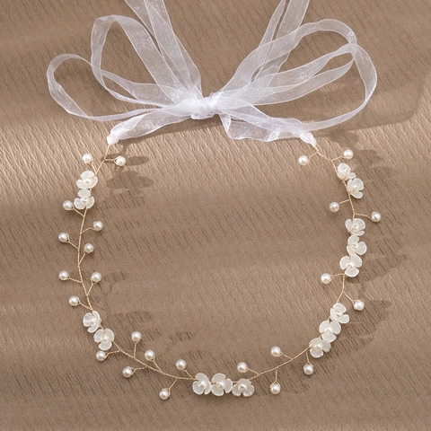 Fascia per Capelli da Sposa Artigianale Vite con Perle e Fiori Filo d'Oro Nastro di Organza Bianco Gioielli da Donna Party