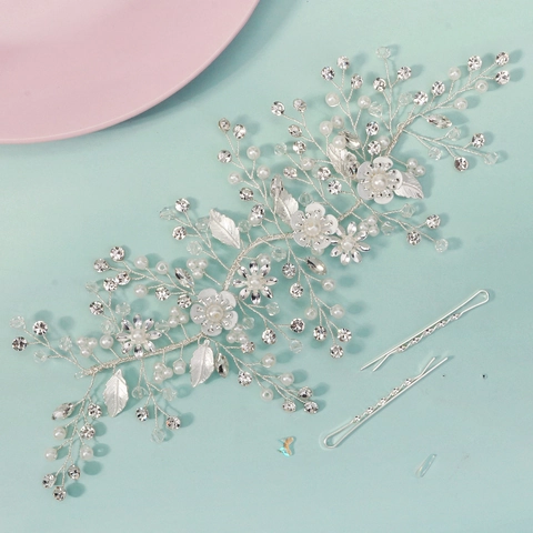 Handmade Silver Alloy Flower Artificial Pearl Rhinestone Bridal Hair Vine Set With Matching Hairpins Women Wedding Jewelry