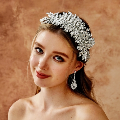 Luxus Braut Strass Haarrebe Silber Blatt Hochzeit Stirnband Für Damen Handgemachte Aufführung Party Haarschmuck