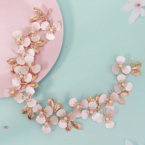 Diadema Nupcial Floral Hecha a Mano Hoja de Oro Accesorios para el Cabello de Boda Con Perla Artificial Tocado de Fiesta Elegante Mujer