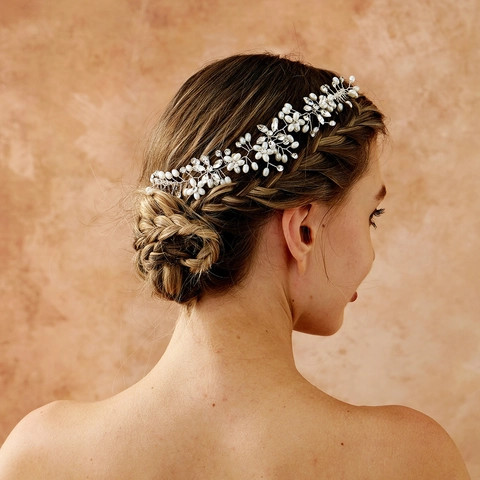 Fascia Sposa Strass Perle Artificiali Vite per Capelli Copricapo Fatto a Mano Floreale Accessori Capelli per Matrimonio Donna