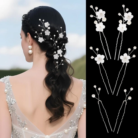 6 Piezas Horquillas de Pelo de Tela Blanca para Novia con Perla Artificial Aleación Forma de U para Boda Mujer Joyería