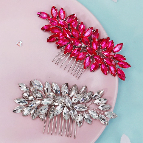 Pettine da Sposa a Foglia in Lega con Strass Copricapo da Sposa Argento Rosa AB Cristallo Esagerato Gioielli da Banchetto Festa