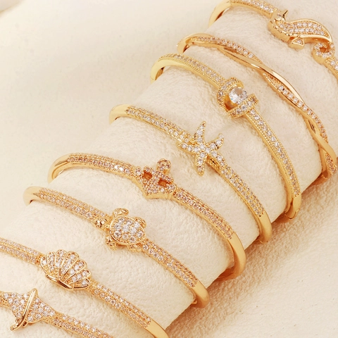 Ocean Series Copper Zircon Bangle For Women Gold Silver Plated Sea Star Shell Seahorse Elegant Fashion Cuff Jewelry
