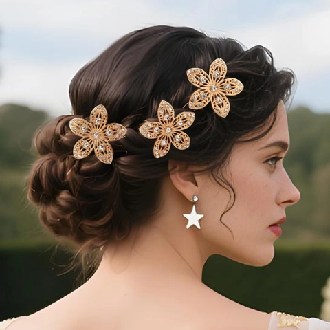 Alloy Flower Rhinestone Bridal Hair Stick U-Shaped Metal Hollow Out Hairpin For Wedding Party Jewelry Accessories Women