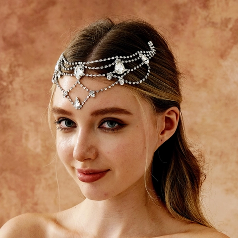 Fascia da Fronte Bohemienne Esotica in Lega d'Argento con Strass Fascia per Matrimonio Sposa Foglia Nappina Gioielli Capelli Donna