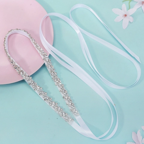 Elegant Bridal Rhinestone Belt For Women White Satin Ribbon Sash Sparkling Crystal Waist Chain Wedding Gown Accessories