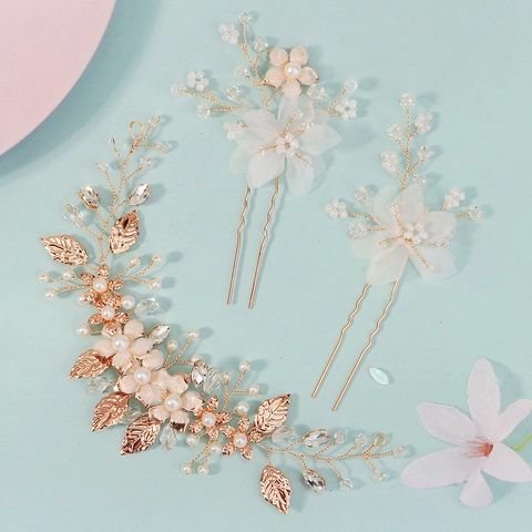 Horquilla de Novia Floral Hecha a Mano Vid de Pelo Aleación Perla Artificial Diamante de Imitación Tela Boda Mujer
