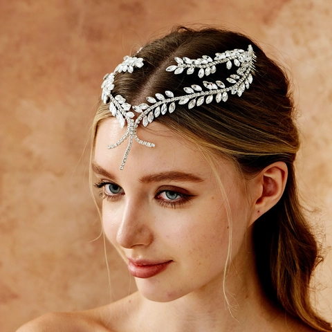 Fascia da Fronte Bohemienne Esotica in Lega d'Argento con Strass Fascia per Matrimonio Sposa Foglia Nappina Gioielli Capelli Donna