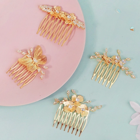 Gold Alloy Flower Butterfly Bridal Hair Comb With Zircon Rhinestones Elegant Wedding Banquet Hair Accessories For Women