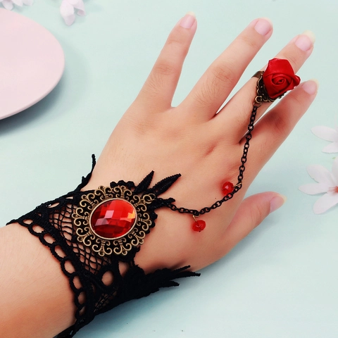 Gothic Black Lace With Red Rose Ring And Rhinestone Vintage Hand Chain For Women Halloween Costume Jewelry