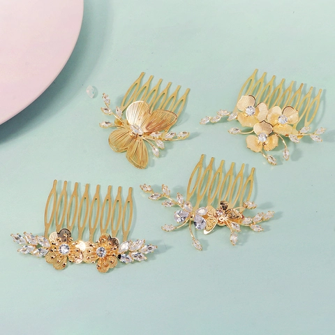 Gold Alloy Flower Butterfly Bridal Hair Comb With Zircon Rhinestones Elegant Wedding Banquet Hair Accessories For Women