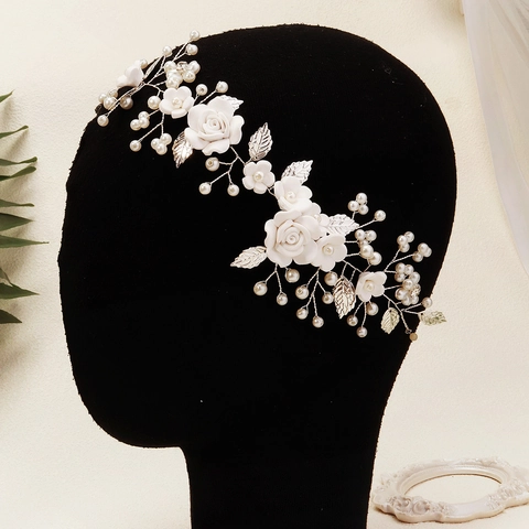 Vite per Capelli da Sposa con Fiori in Argilla Polimerica Bianca Foglie Argento Künstliche Perle Strass Elegante Fascia per Matrimonio