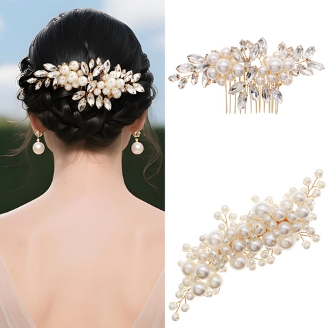 Set di Pettine e Fermaglio per Capelli da Sposa Fatti a Mano Con Perla Artificiale Strass Oro Fiore Foglia Sposa Gioielli Donna