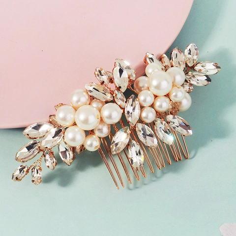 Set di Pettine e Fermaglio per Capelli da Sposa Fatti a Mano Con Perla Artificiale Strass Oro Fiore Foglia Sposa Gioielli Donna