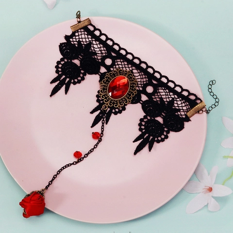 Gothic Black Lace With Red Rose Ring And Rhinestone Vintage Hand Chain For Women Halloween Costume Jewelry