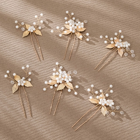 Ensemble d'Épingles à Cheveux Mariée Faites à la Main Alliage d'Or Feuille Künstliche Perle Cristal Coiffe de Mariage Bijoux Femme