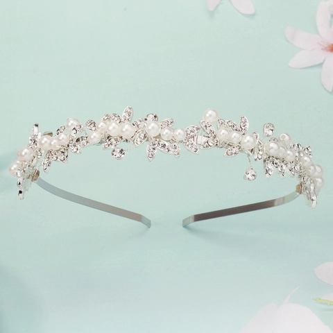 Cerchietto da Sposa Fatto a Mano con Fiori e Foglie in Lega Perle Artificiali Strass Tiara Dolce Accessori per Capelli da Matrimonio
