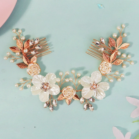 Handgefertigter Braut-Haarkamm Mit Weißen Blumen Und Goldblättern Strass Künstliche Perlen Hochzeit Haarschmuck Für Damen