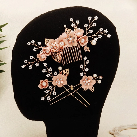 Accessori Capelli Sposa Fiori Rosa Lega Perla Artificiale Strass Pettine e Forcine per Capelli Matrimonio Festa Donna Gioielli