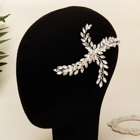 Fermaglio per Capelli a Ramo di Foglie con Strass Argento Fatto a Mano Sposa Matrimonio Gioielli per Capelli per Donne