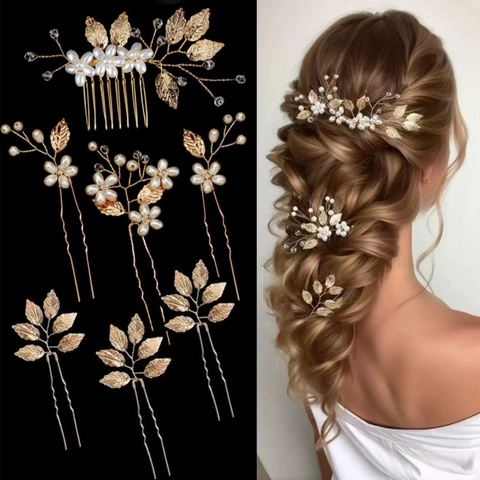 Vintage Gold Leaf Hair Sticks With Imitation Artificial Pearl Acrylic Crystal For Wedding Bridal Banquet Women Bohemian Hair Jewelry