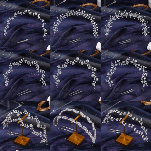 Lussuosa Tiara da Sposa in Argento Corona Zirconia Fiore Foglia Cerchietto per Capelli Matrimonio Con Spille per Donna