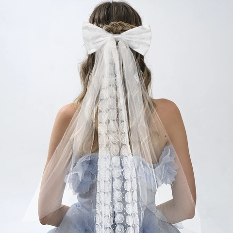 Velo de Novia con Lazo Blanco con Encaje de Rosa 3D Tocado de Boda Corto para Fotografía Fiesta Despedida de Soltera Accesorios para el Cabello de Mujer