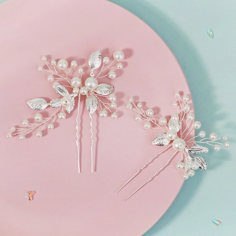 Set di Bacchette per Capelli a Foglia di Perla Artificial da Sposa Vintage Con Perline a Forma di U per Matrimonio Festa Sposa