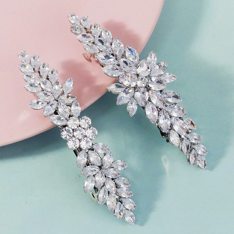 Elegante Zirkoon Bloem Blad Haarclip Zilver Legering Veerklem Bruiloft Bruids Haaraccessoires Voor Vrouwen Delicate Party Hoofddeksel