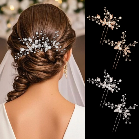 Set di Bacchette per Capelli a Foglia di Perla Artificial da Sposa Vintage Con Perline a Forma di U per Matrimonio Festa Sposa