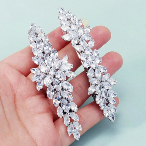 Elegante Zirkoon Bloem Blad Haarclip Zilver Legering Veerklem Bruiloft Bruids Haaraccessoires Voor Vrouwen Delicate Party Hoofddeksel