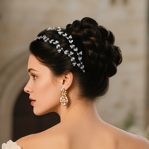 Luxury Silver Alloy Zircon Leaf Flower Bridal Headband Double Layer Wedding Tiara Sweet Elegant Women Hair Accessories