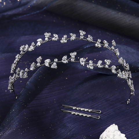 Luxury Silver Alloy Zircon Leaf Flower Bridal Headband Double Layer Wedding Tiara Sweet Elegant Women Hair Accessories