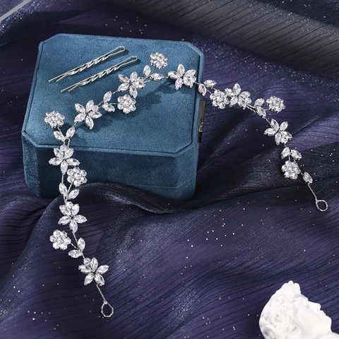 Elegante Cerchietto Floreale da Sposa in Lega di Rame Argento Zirconia Vite per Capelli Matrimonio Banchetto Copricapo di Lusso Donna