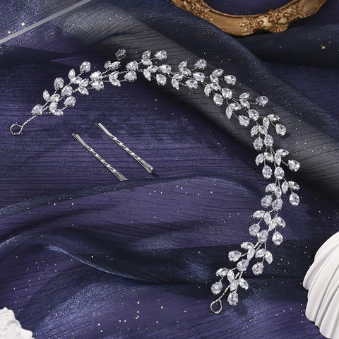 Lussuosa Vite per Capelli da Sposa in Argento Con Zirconia a Goccia e Marquise Copricapo da Matrimonio Elegante Ghirlanda di Foglie Accessorio per Capelli Sposa Damigella