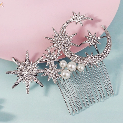Lussuoso Pettine Capelli Sposa in Lega Argento Luna Stella Con Strass E Perla Artificiale Elegante Copricapo Matrimonio Gioielli Donna