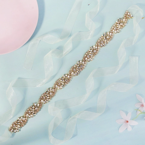 Luxury Handmade Rhinestone Bridal Sash Gold Base Organza Ribbon Wedding Dress Belt For Women Elegant Party Accessory